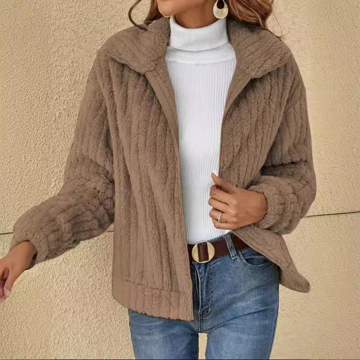 Women's Ribbed Sherpa Zip Up Jacket Collar Cropped