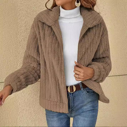 Women's Ribbed Sherpa Zip Up Jacket Collar Cropped