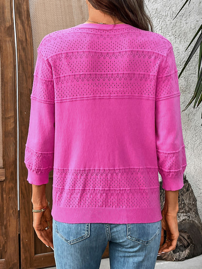 2025 Summer Hollow Knit V-Neck Cardigan with 3/4 Sleeves