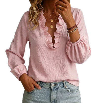 Ruffle V Neck Blouse Balloon Sleeve Long Sleeve Top