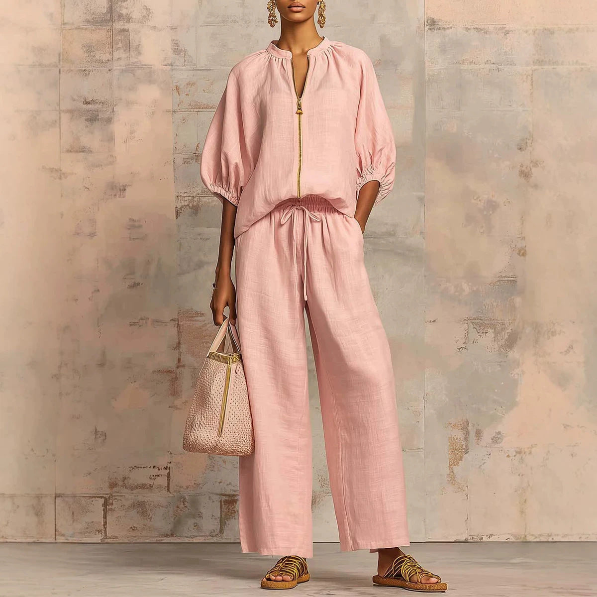 Women's Zip Front Bubble Sleeve Wide Leg Pants Set