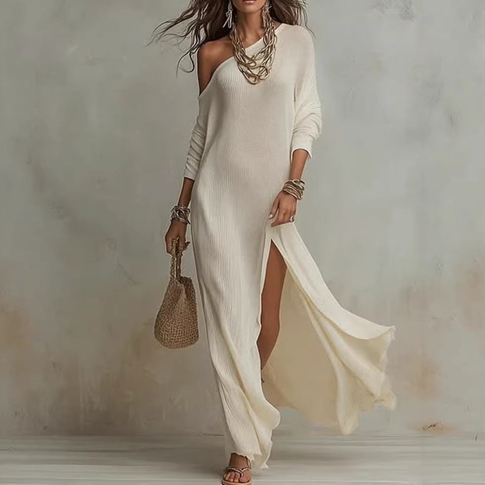 Women's One Shoulder Long Sleeve Side Slit Knit Maxi Dress