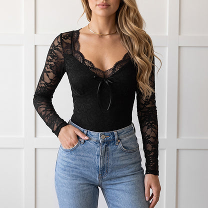 Sexy Black Lace V Neck Long Sleeve Bodysuit