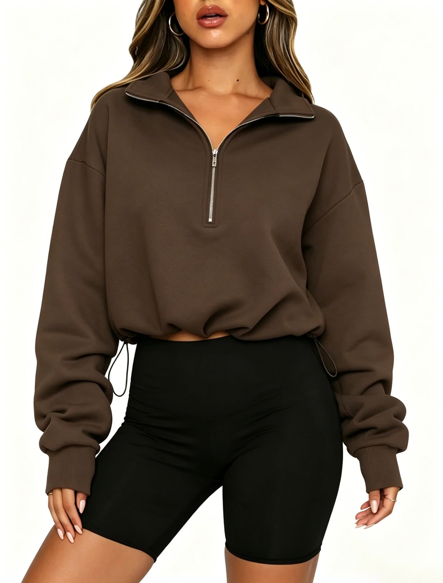 Black Half-Zip Drawstring Pullover Sweatshirt Y2K Streetwear