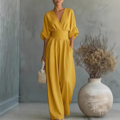 Women's Elegant V-Neck High Waist Wide Leg Jumpsuit