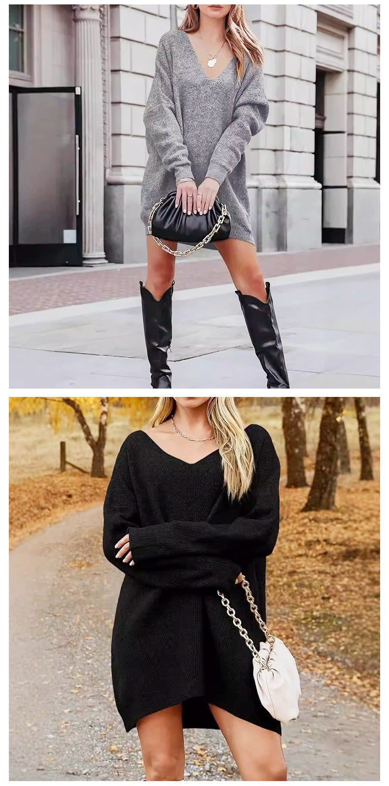 Oversized V Neck Chunky Knit Sweater Dress Long Sleeve