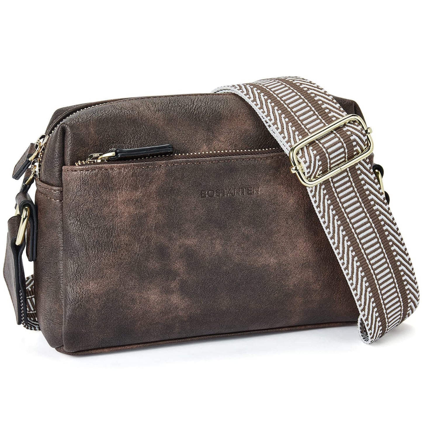 Triple Zip Small Crossbody Bag with Wide Strap