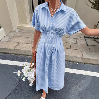 Striped Short Sleeve Button Front Midi Shirt Dress