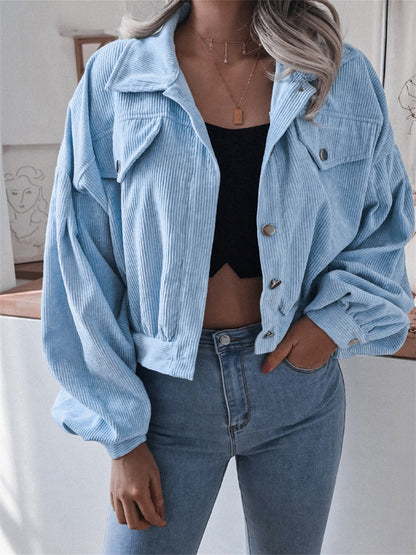 Womens Corduroy Cropped Jacket Balloon Sleeve Oversized