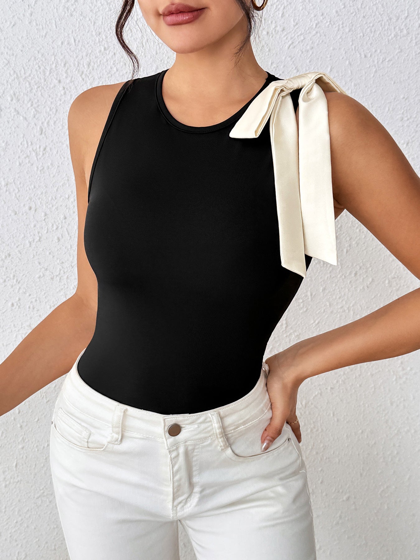 Contrast Bow Sleeveless Bodysuit Slim Fit Going Out Top