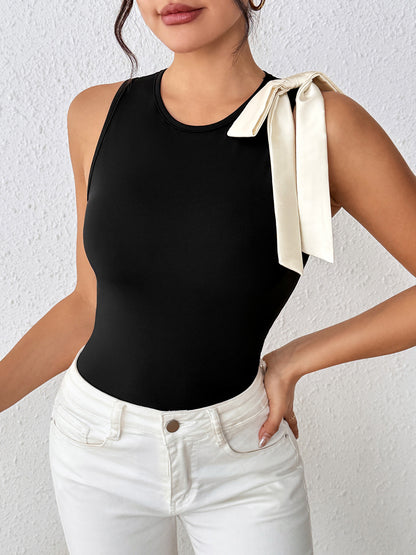 Contrast Bow Sleeveless Bodysuit Slim Fit Going Out Top