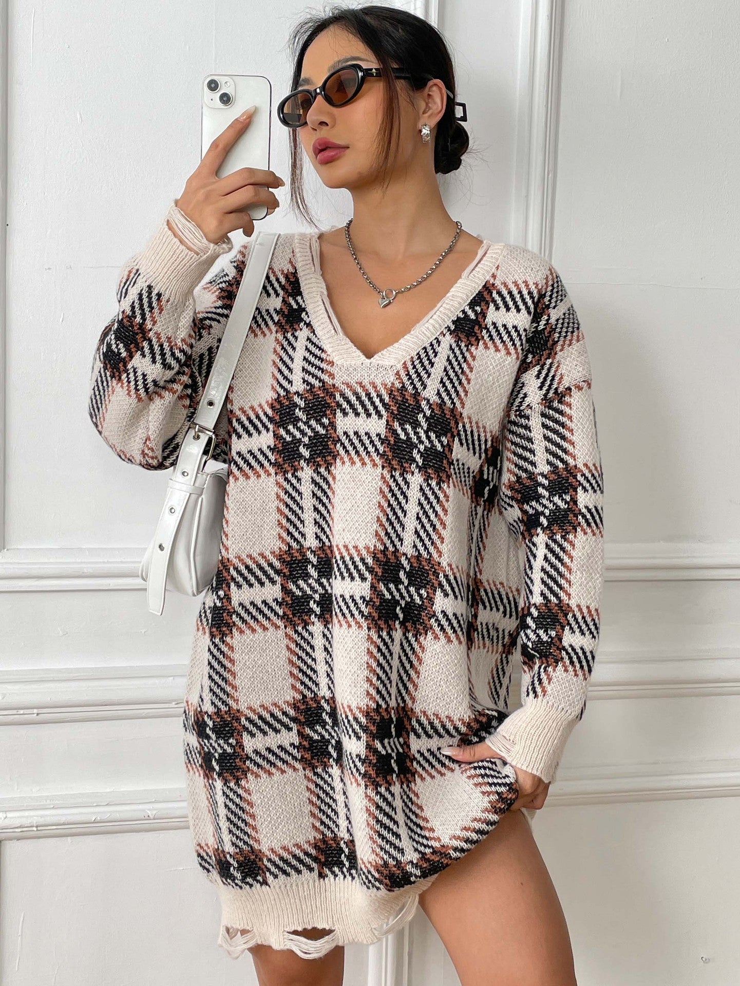 Plaid Color Block Knit Dress with Long Sleeves for Fall