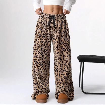Leopard Print Wide Leg Pants High Waist Casual Trousers
