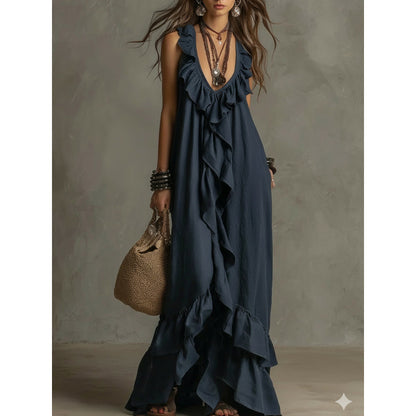 Women's Boho Ruffle V-Neck Sleeveless Maxi Dress
