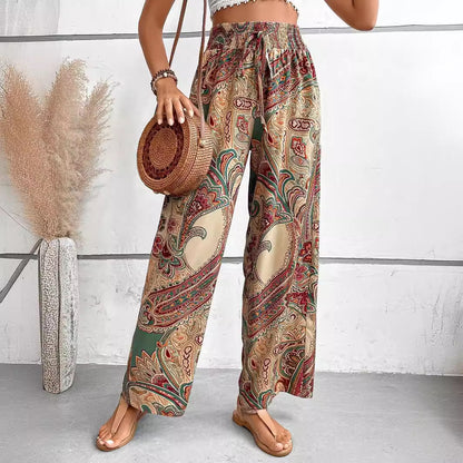 Fashionable Printed Wide-Leg Pants for Women Versatile Elastic Waist