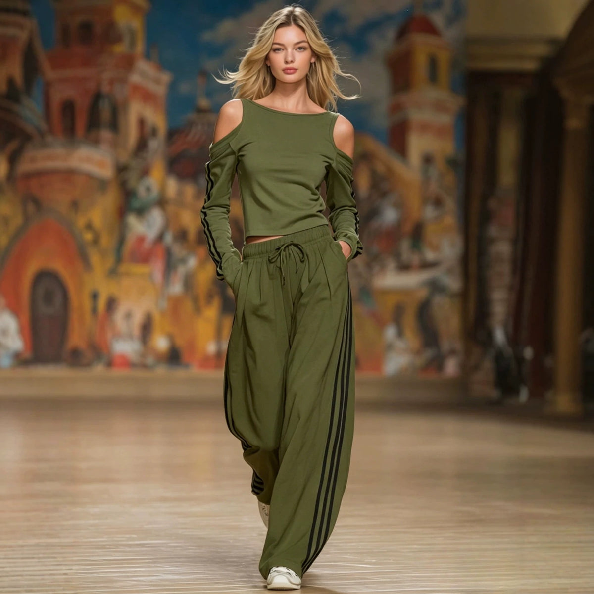 Women Cold Shoulder Top & Wide Leg Pants Lounge Set