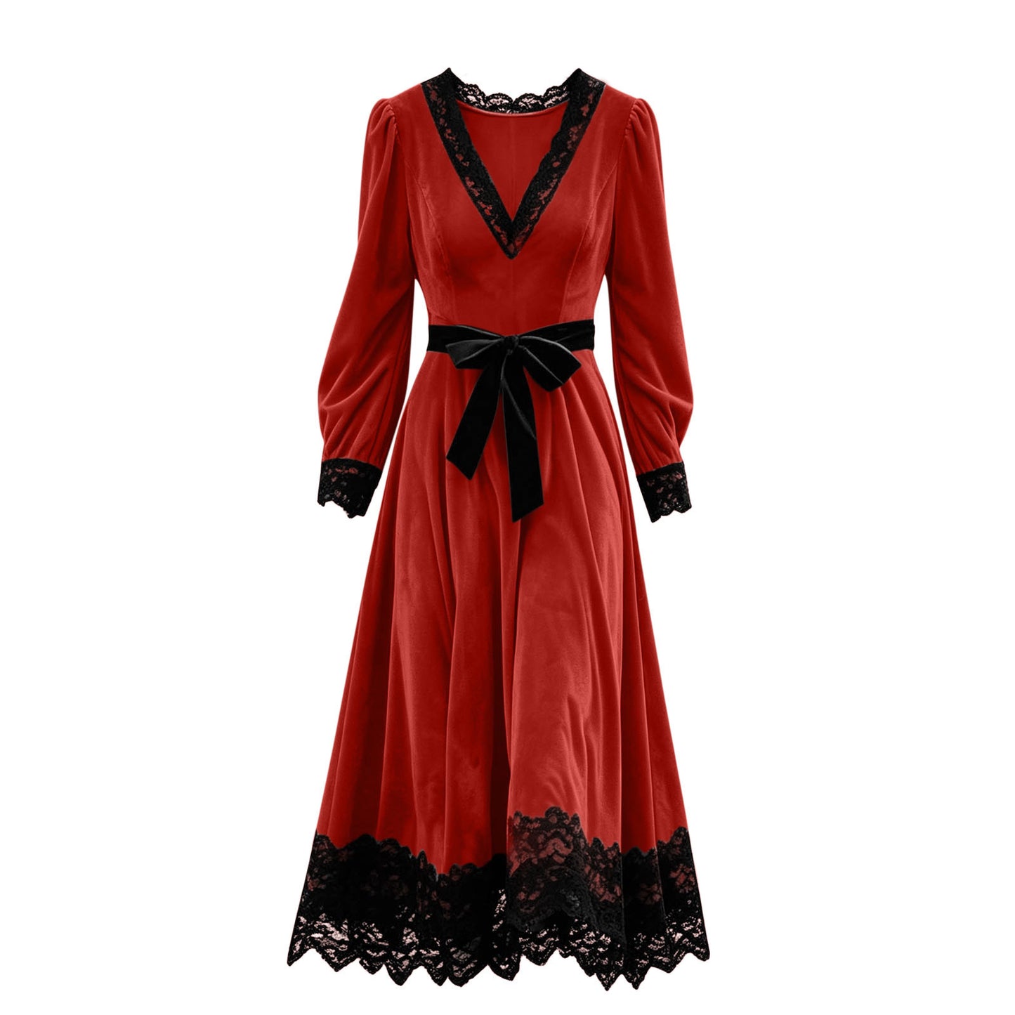 Velvet Maxi Dress V-Neck Lace Trim Puff Sleeve Flowy