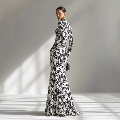 Women's Elegant Floral Ruched Long Sleeve Maxi Dress