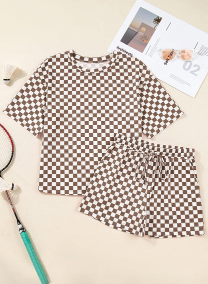 Rose Red Checkerboard Tee and Drawstring Shorts Set