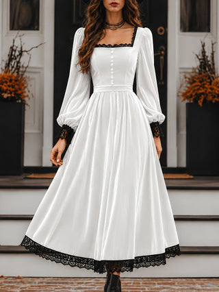 Square Neck Velvet Lace Trim Puff Sleeve Maxi Dress