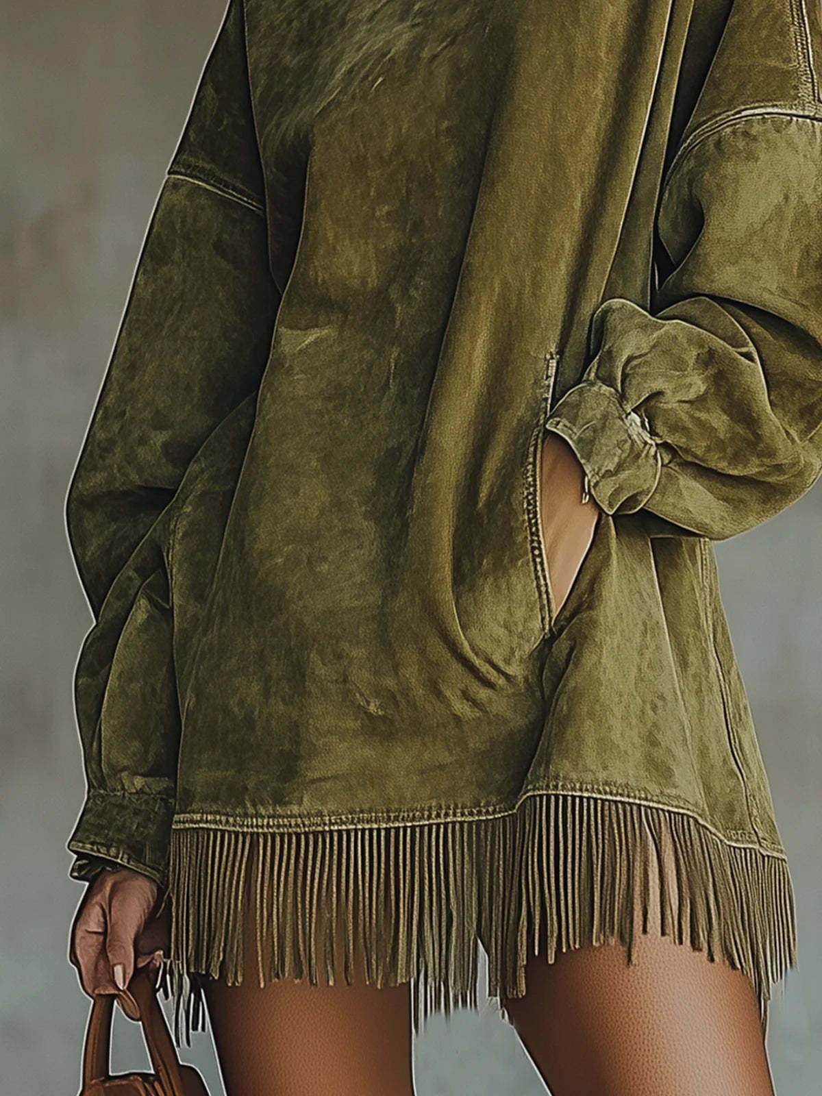 Oversized Mock Neck Suede Fringe Dress Pockets