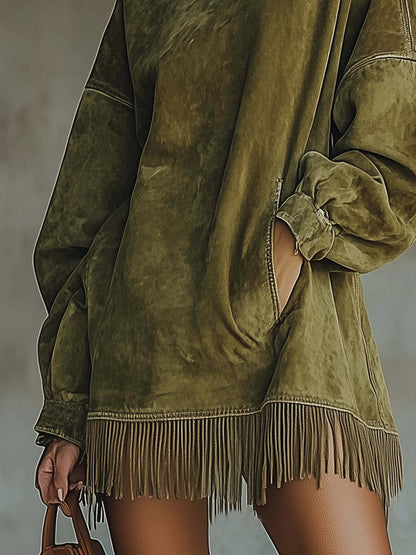 Oversized Mock Neck Suede Fringe Dress Pockets