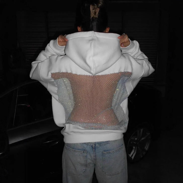 Women's Backless Mesh Hoodie Oversized Cutout Pullover