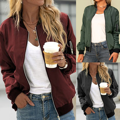 Women's Casual Zip-Up Bomber Jacket Lightweight Solid