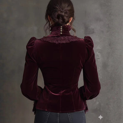 Victorian Gothic Velvet Puff Sleeve Ruffle Blouse