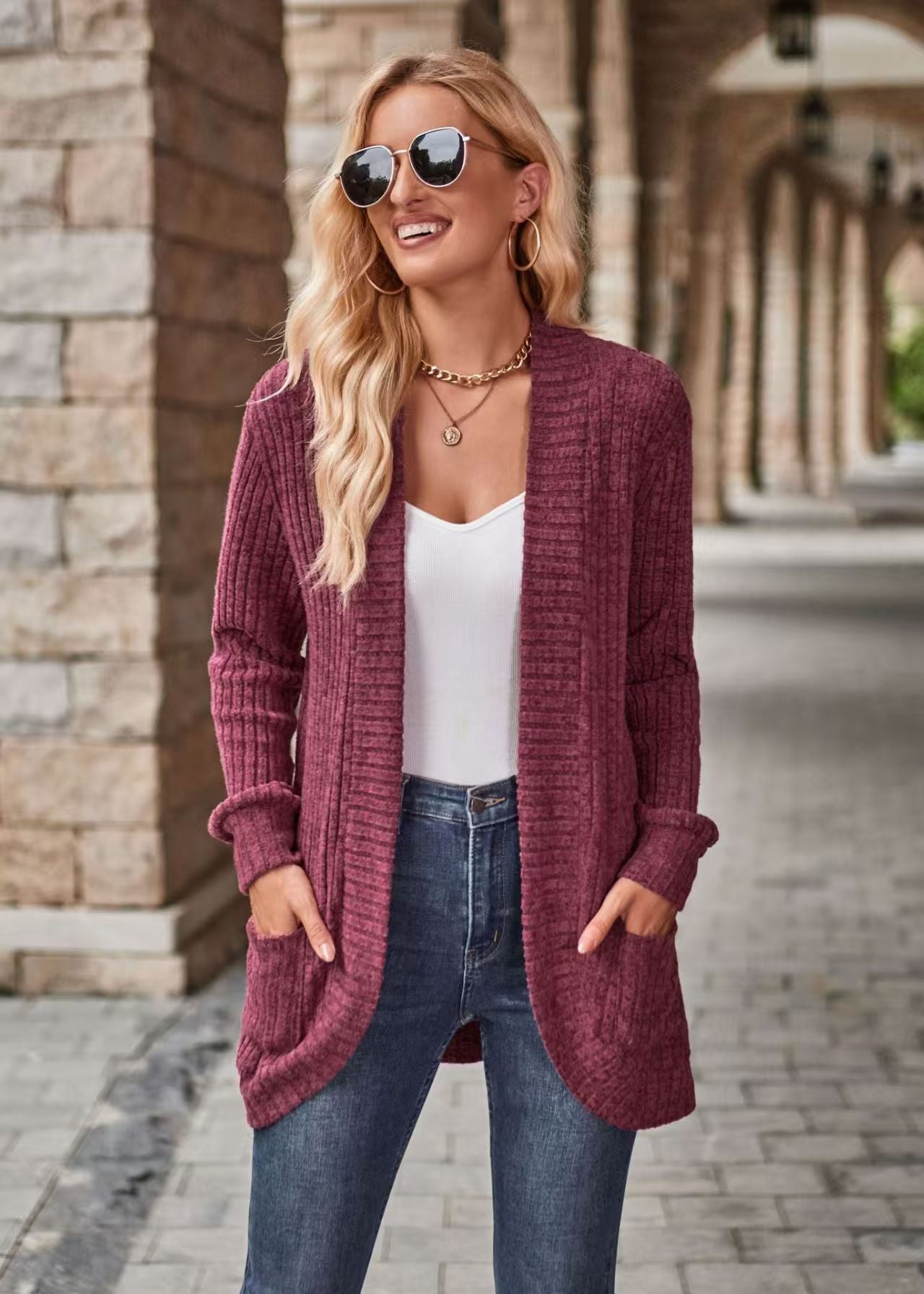 Women's Open Front Knit Cardigan Oversized Long Sleeve