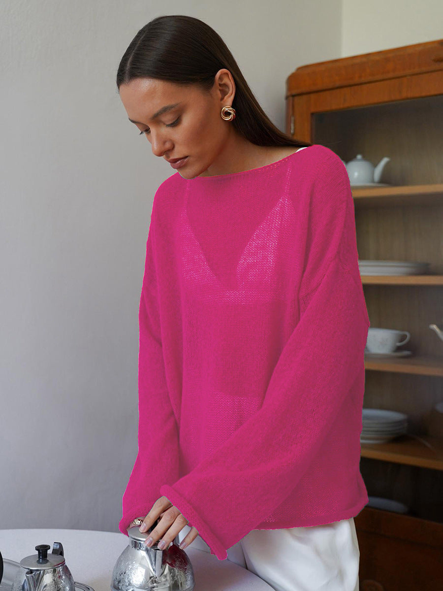 Women's Sheer Open Knit Oversized Bell Sleeve Sweater Top