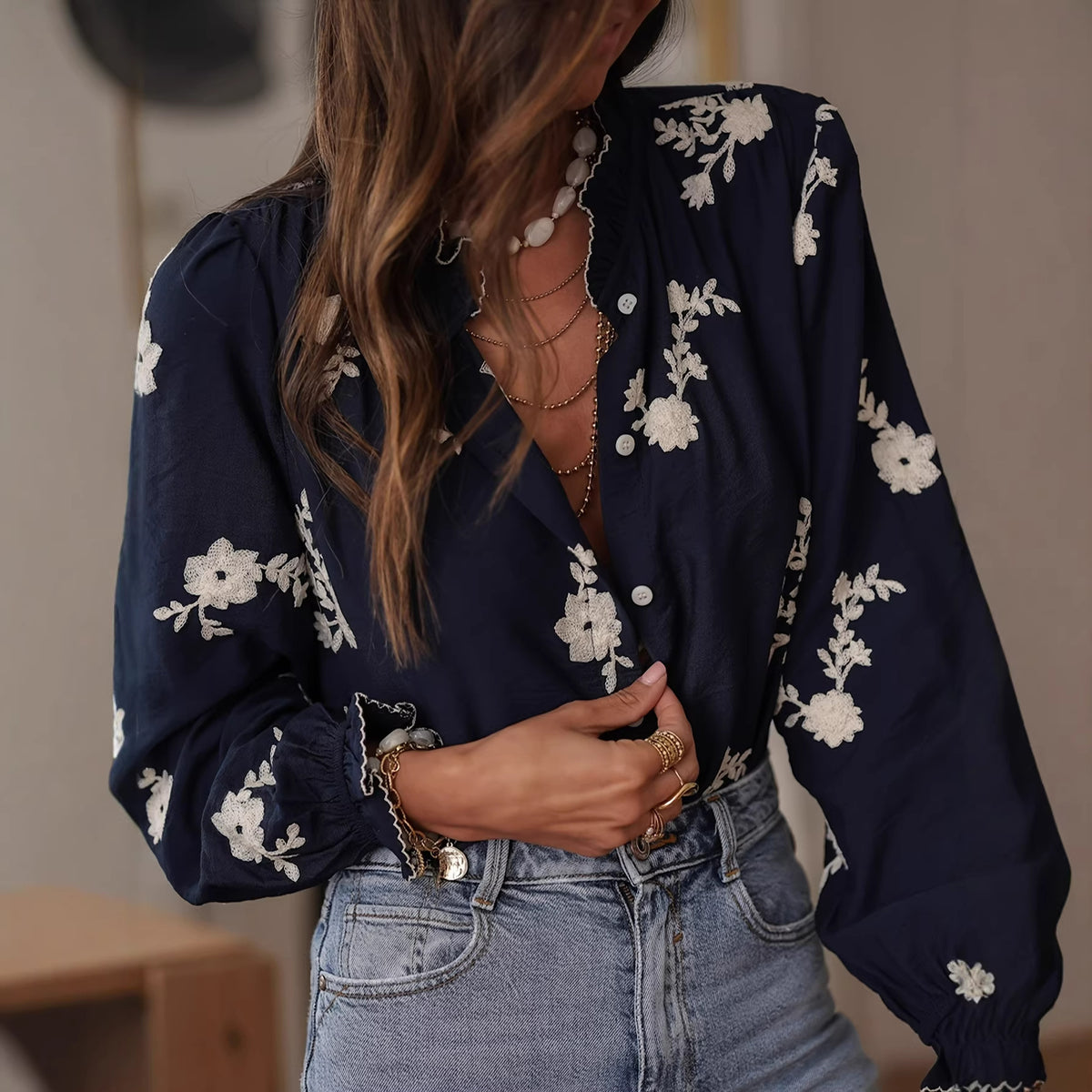 Boho Floral Embroidered Balloon Sleeve Button Down Blouse
