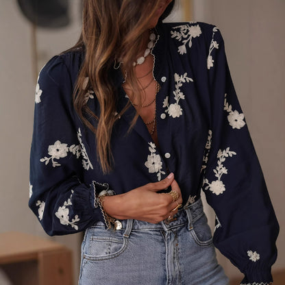 Boho Floral Embroidered Balloon Sleeve Button Down Blouse
