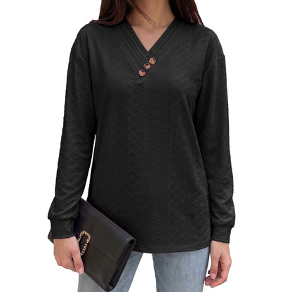 Women's Casual V-Neck Button Long Sleeve Loose Tunic Top