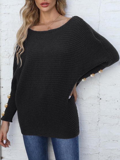 Pearl Button Decorative Bat Sleeve One-Neck Loose Sweater