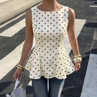 Polka Dot Ruffle Waist Sleeveless Blouse French Vintage Top