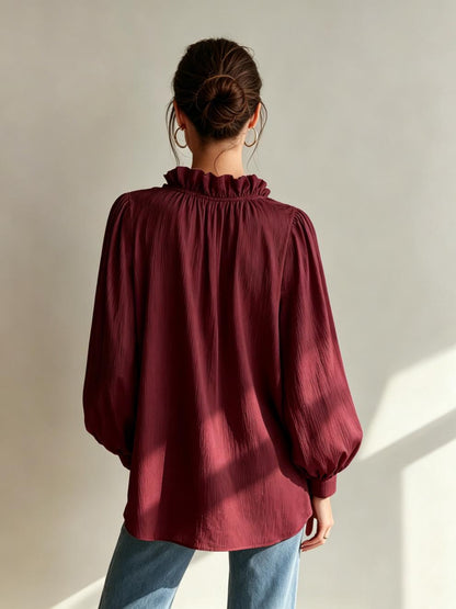 Solid Crinkle Blouse Ruffle V Neck Long Sleeve Top
