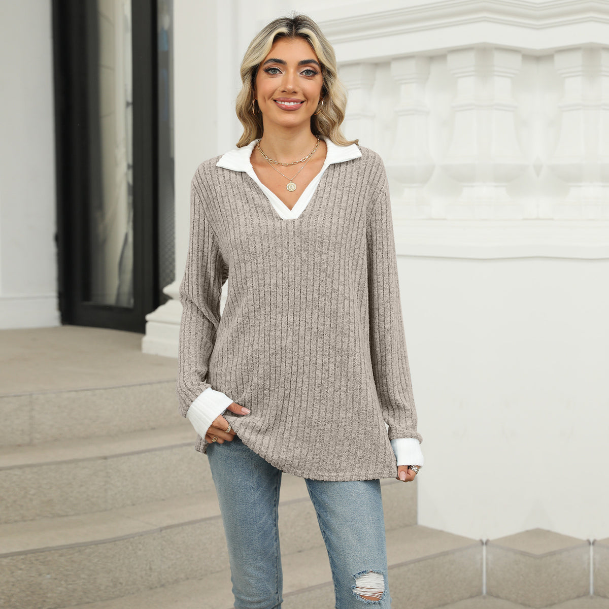 Women's Oversized Contrast Collar V Neck Long Sleeve Top