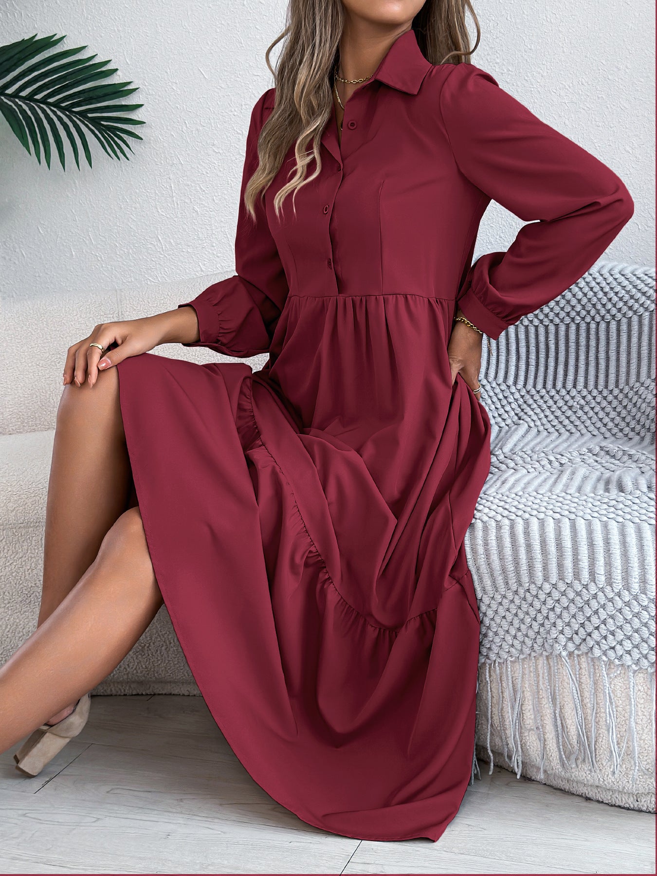 Collared Long Sleeve Tiered Shirt Dress
