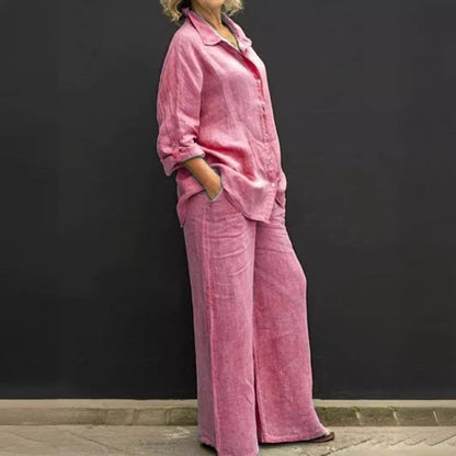 Linen Blend Shirt and Wide Leg Pants Two Piece Set