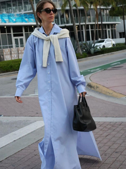 Cotton Maxi Shirt Dress Long Sleeve Collared Slit