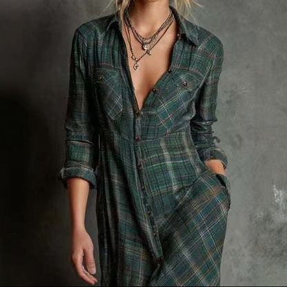 Boho Plaid Maxi Shirt Dress Long Sleeve Button Down