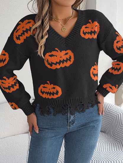Halloween Pumpkin Knit Sweater with Frayed Hem