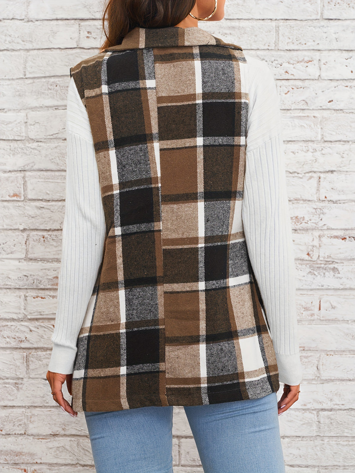 Women's Plaid Lapel Blazer Vest Button Front