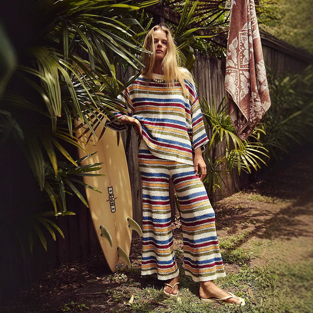 Boho Striped Knit Two Piece Set Wide Leg Pants