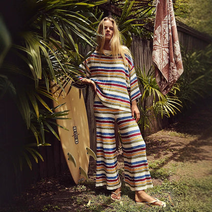 Boho Striped Knit Two Piece Set Wide Leg Pants