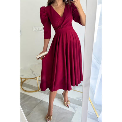 Women's V-Neck Puff Sleeve Ruched A-Line Midi Dress