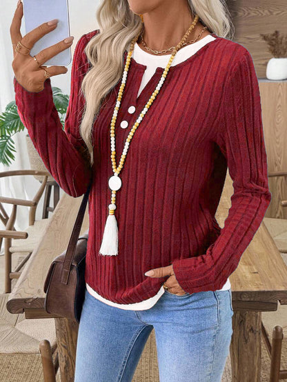 Ribbed Faux Layered Henley Long Sleeve Casual Top
