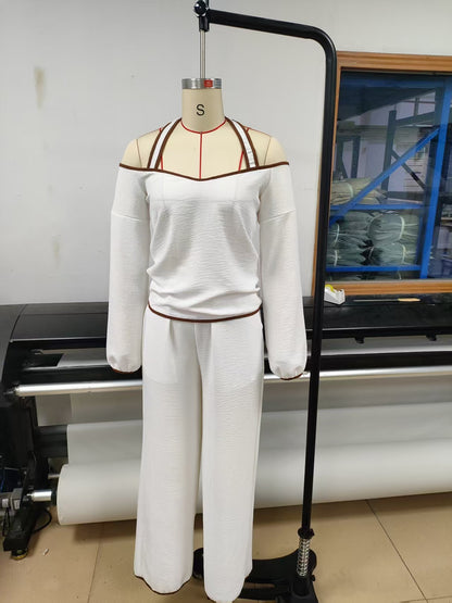 Off Shoulder Contrast Trim Knit Top and Pants Set