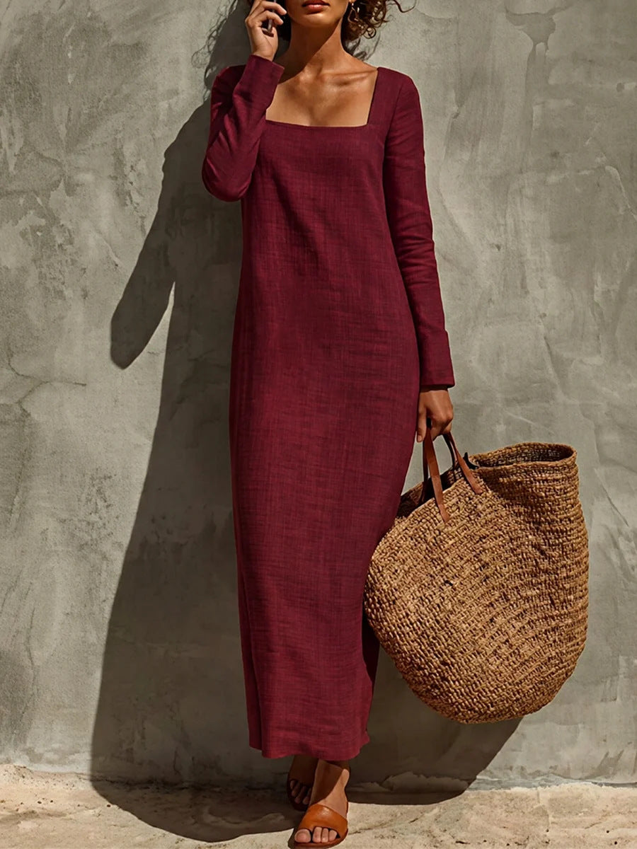 Women's Square Neck Long Sleeve Straight Maxi Dress Casual